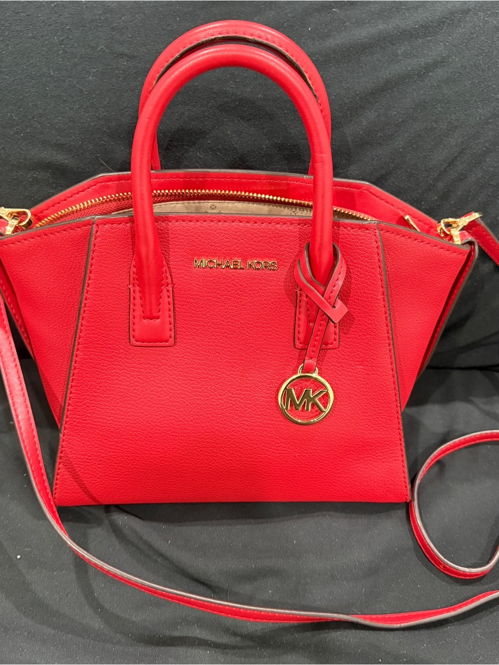Michael Kors Red Pebbled Leather Satchel with Gold MK Charm
